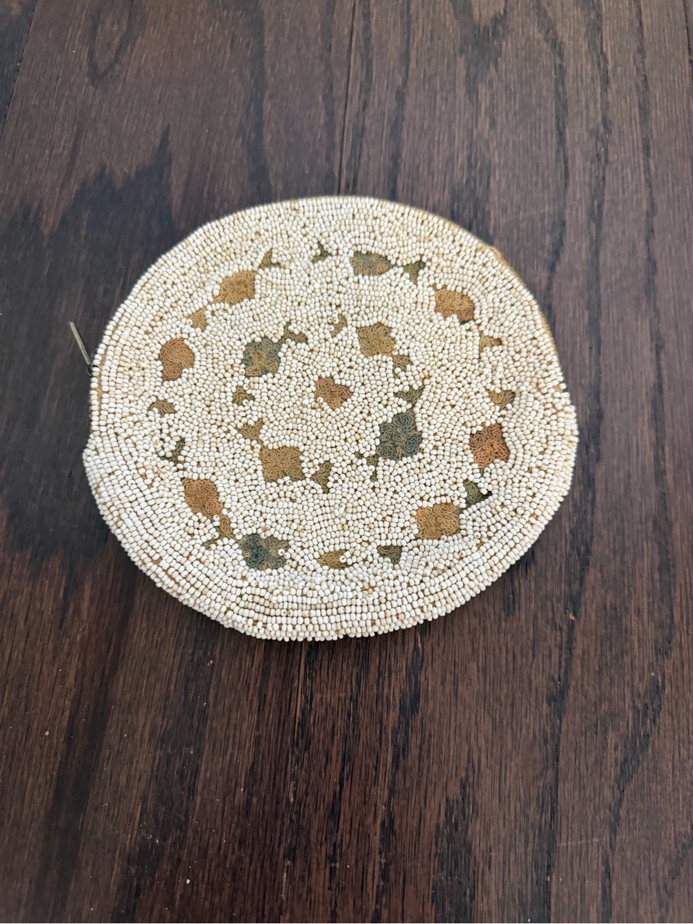 Hand Beaded Round Purse in White with Gold and Green Accents